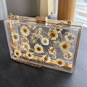 Clear Floral Acrylic Clutch with Gold Chain